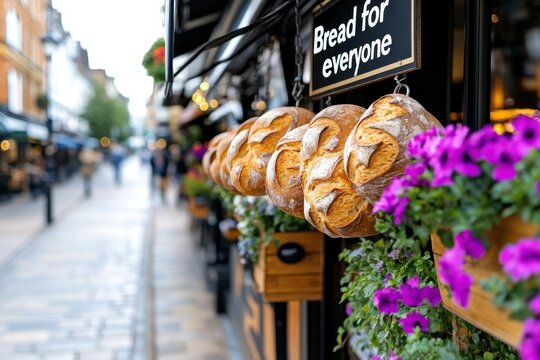 An inviting bakery exterior features freshly baked artisan bread attractively arranged with vibrant flowers, promoting a warm and welcoming culinary experience.