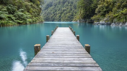 Fototapeta premium Rustic wooden pier extending into calm turquoise waters surrounded by lush greenery and gentle waves capturing peaceful coastal escapes
