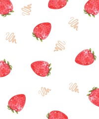 A playful pattern of vibrant red strawberries with scattered across a white background. The watercolor style adds a soft, artistic touch, making it suitable for decorative or design purposes.