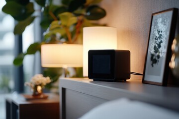 Obraz premium An elegant black bedside clock blends beautifully with soft lamp light, enhancing the serene ambiance of a modern bedroom design and inviting tranquility.