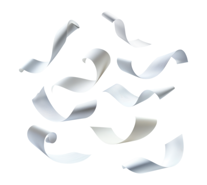 Various Curled and Twisted Paper Strips in Different Shapes and Orientations, Isolated on Transparent and White Background