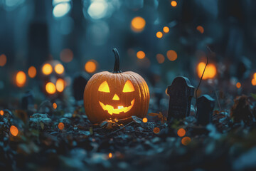 Naklejka premium Halloween pumpkins in a spooky forest with tombstones at night create a defocused background.