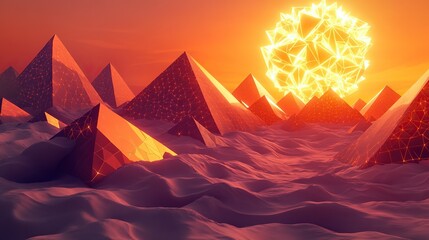 A surreal desert of glowing polygonal pyramids arranged in concentric patterns