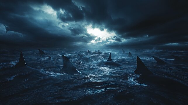 Mysterious Dark Ocean with Shark Fins Breaking the Surface Under Stormy Skies