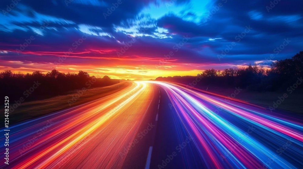 Poster a mesmerizing twilight view features streaks of colorful light racing along a winding road. the hori