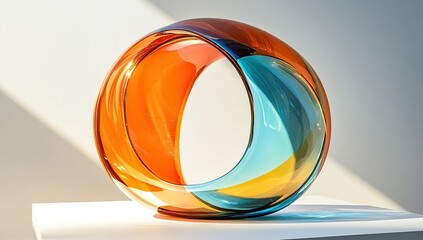 A colorful glass sculpture in the shape of an oval, radiating colors like orange and blue