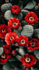 Vibrant red flowers blooming on a prickly pear cactus.