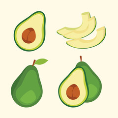 Avocado set: Whole fruit with leaf, half with seed and slice