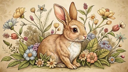 Fototapeta premium Vintage Style Bunny Coloring Page Illustration - Adorable Rabbit Design for Kids