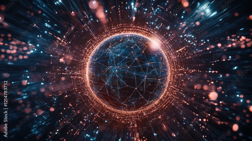 Wall mural a digital globe surrounded by blockchain nodes and glowing lines, symbolizing global connectivity