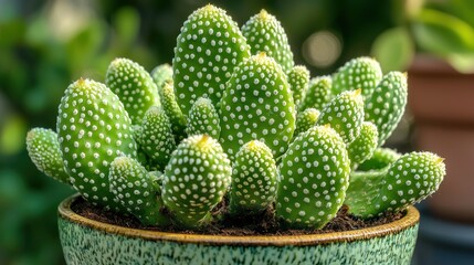 A close-up of a green cactus in a modern ceramic pot, with natural light highlighting its textures
