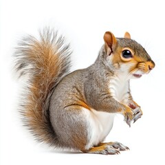 Obraz premium Cute grey squirrel sits on white background. Adorable bushy tail. Detail of fur, paws. Adorable critter. Small furry mammal. Wild animal portrait. Studio shot. Solitary creature. Wildlife photo.