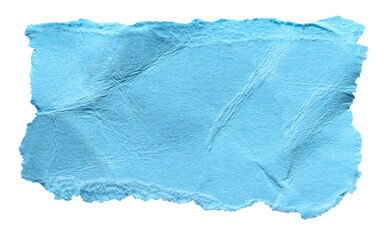 Blue crumpled wrinkled torn piece of blank paper note cardboard with texture and copy space, close up transparent png background isolated cut out design element
