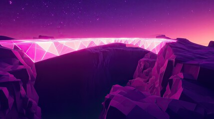 A surreal glowing radiant bridge spanning over a polygonal canyon