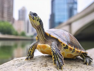 Turtles basking on rocks beside city waters, showcasing wildlife thriving amid urban development.