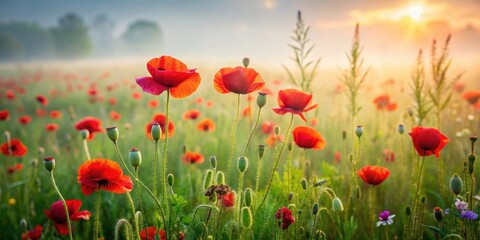 Fototapeta premium A serene red poppy field swaying gently in the morning mist, surrounded by lush green grass and vibrant wildflowers