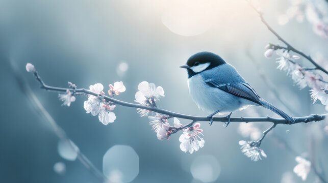 Bird Perched on Flowering Branch in Soft Light Background
