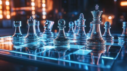 A dynamic angle of a glass chessboard with the pieces arranged in their starting positions, ready for a game