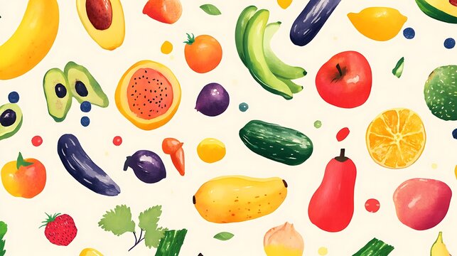 Watercolor Illustration of Various Fruits and Vegetables - Powered by Adobe