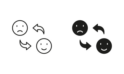 Happy Smile Change to Sad Face Pictogram. Mood Changes Line and Silhouette Icon Set. Bipolar Emoticon Expression Symbol. Positive and Unhappy Emotion. Editable Stroke. Isolated Vector Illustration