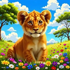 Adorable Lion Cub Relaxing in the Golden Savanna
