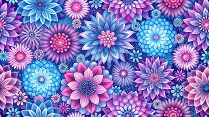 A colorful seamless pattern featuring stylized abstract flowers in various shades of pink, purple and blue, with delicate petals and intricate details , abstract art, fashion illustrations