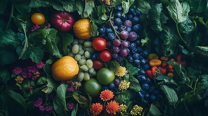 A Still Life Arrangement of Fresh Fruit, Grapes, and Flowers Amidst Lush Green Foliage
