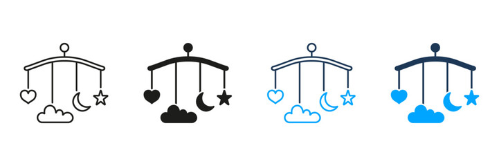 Baby Mobile with Heart, Moon, Stars Line and Silhouette Icon Set. Nursery Sleep Aid Symbol. Infant Crib Mobile. Nursery Decoration for Bedtime. Editable Stroke. Isolated Vector Illustration