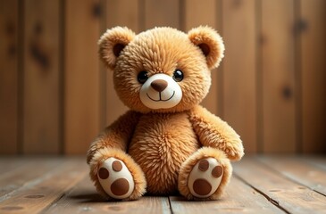 Brown teddy bear sitting alone on a wooden surface against a blurred background with his hands down created