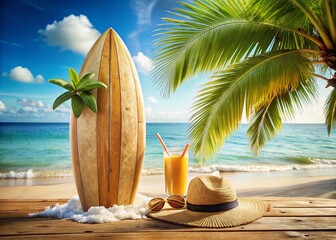 Obraz premium Vintage Summer Beach Cocktail Bar: Empty Surfboard, Coco Palm, and Seashell on White