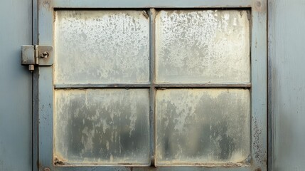 A frosted glass window with a metal visor, casting faint, diffused shadows on a pale wall