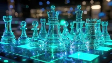 A futuristic setup of glass chess pieces on a glowing chessboard with cool blue and green lights