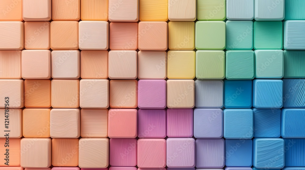 Poster Vibrant Colorful Wooden Geometric Blocks Forming a Mosaic Like Grid Layout Symbolizing Montessori Learning and Autism Awareness with Clear Textures and Patterns