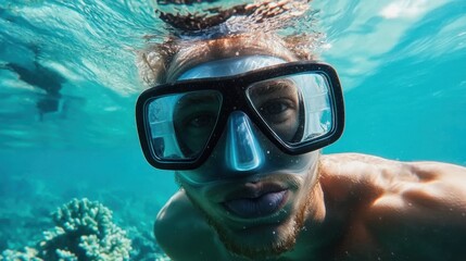 Naklejka premium A diver exploring vibrant coral reefs underwater.