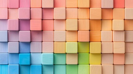 Colorful wooden geometric blocks arranged in a mosaic like grid pattern symbolizing Montessori learning methods and autism awareness  The textured