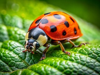 Obraz premium Candid Close-up of a Ladybug with Seven Black Spots on a Green Leaf