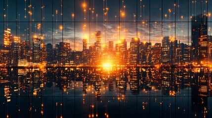 Fototapeta premium Stunning urban skyline at twilight, with glowing reflections in water. The city is illuminated by golden lights, capturing the beauty of architecture.