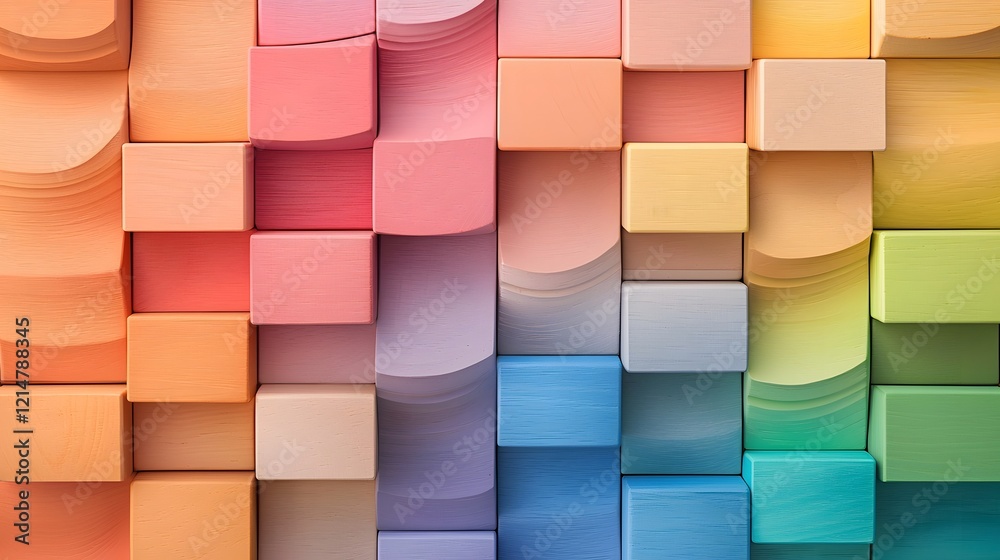 Poster vibrant geometric wooden blocks showcasing shapes and textures in a flowing wave like pattern with m