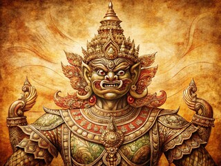 Fototapeta premium Vintage Thai Demon Guardian Art: Intricate Line Drawing, Spiritual Protector