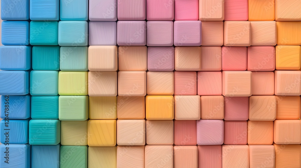 Poster Colorful Geometric Wooden Blocks Arranged in Smooth Color Gradient Transition from Warm to Cool Tones in a Minimalist Montessori Inspired Design Composition