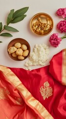 Fototapeta premium Traditional Indian Attire with Festive Elements and Delicious Treats