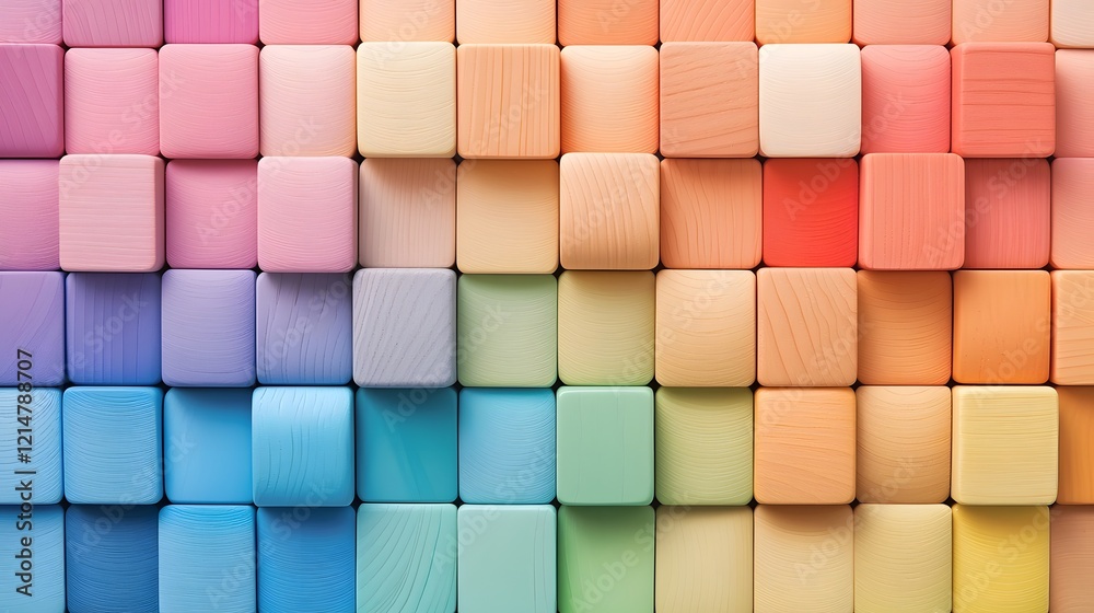 Poster Overlapping Geometric Patterns of Colorful Wooden Blocks Arrangement Creating a Playful Layout that Represents the Concept of Learning and in a Clean Minimal Environment