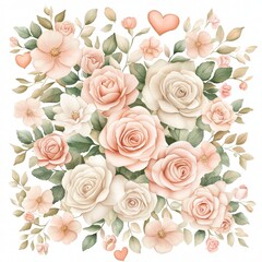 A beautiful arrangement of delicate pastel roses and blooms, featuring soft pink and cream hues, perfect for botanical designs and romantic themes.