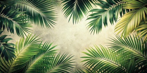 Vintage Tropical Palm Leaves Frame: Lush Green Foliage Isolated on White Background