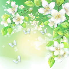A white flower with a green stem and leaves. There are three butterflies flying around the flower. The image has a peaceful and serene mood