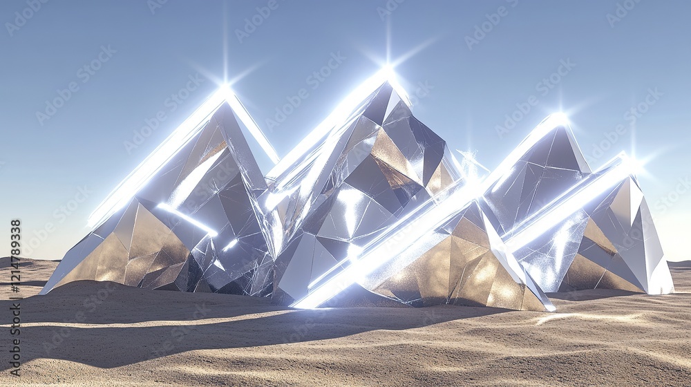Fototapete a surreal rendering of polygon peaks in a desert-like setting