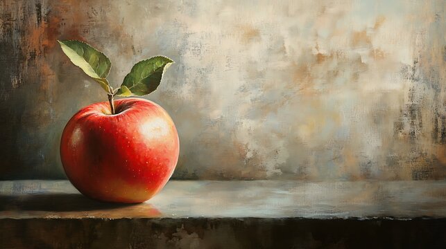 A Single Red Apple with Green Leaves on a Wooden Table Against a Textured Background