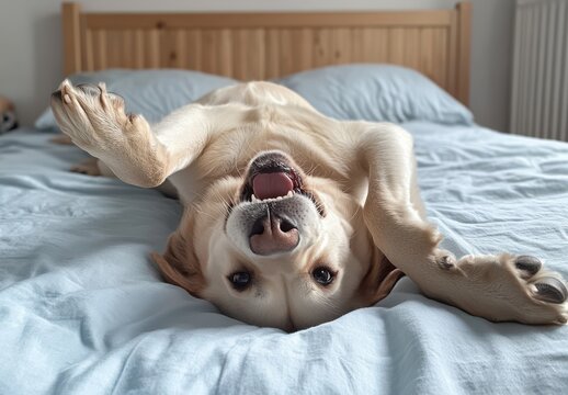 Happy Labador Dog Relaxing on Bed with Playful Expression, Showcasing Comfort and Joy in a Cozy Home Environment