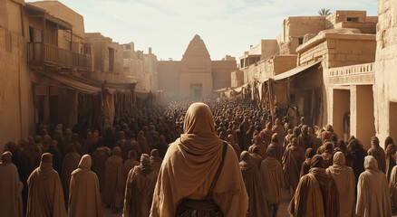 Obraz premium Ancient Stone Temple with Intricate Carvings and Traditional Egyptian Attire – A Somber Historical Scene