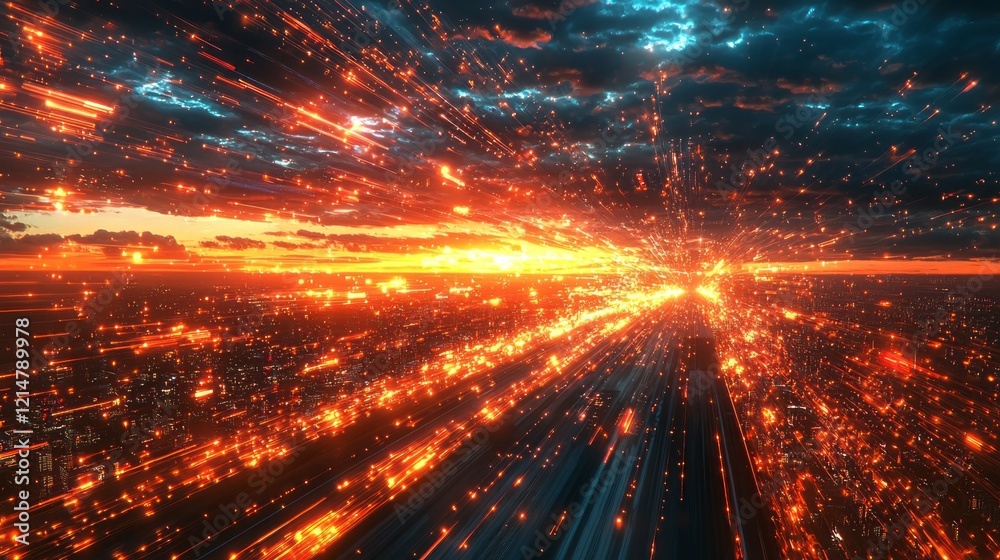 Poster radiant streams of data surge through a breathtaking sky at sunset, merging brilliant orange and blu